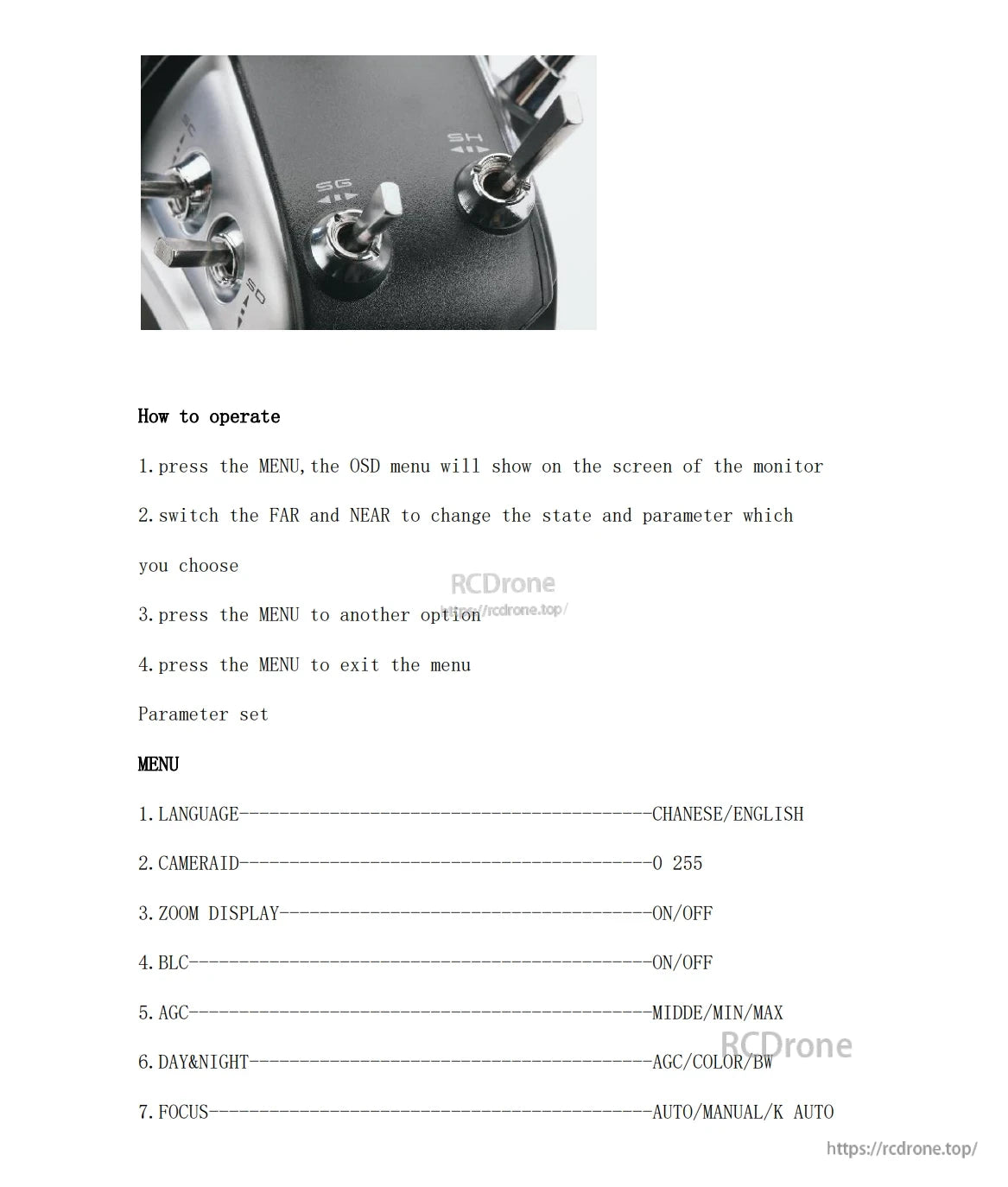 Foxeer 30X Zoom 700TVL CMOS FPV Camera, The Foxeer 30 Zoom FPV camera guide explains menu controls for language, ID, zoom, BLC, AGC, day/night mode, and focus using MENU and FAR/NEAR switches.