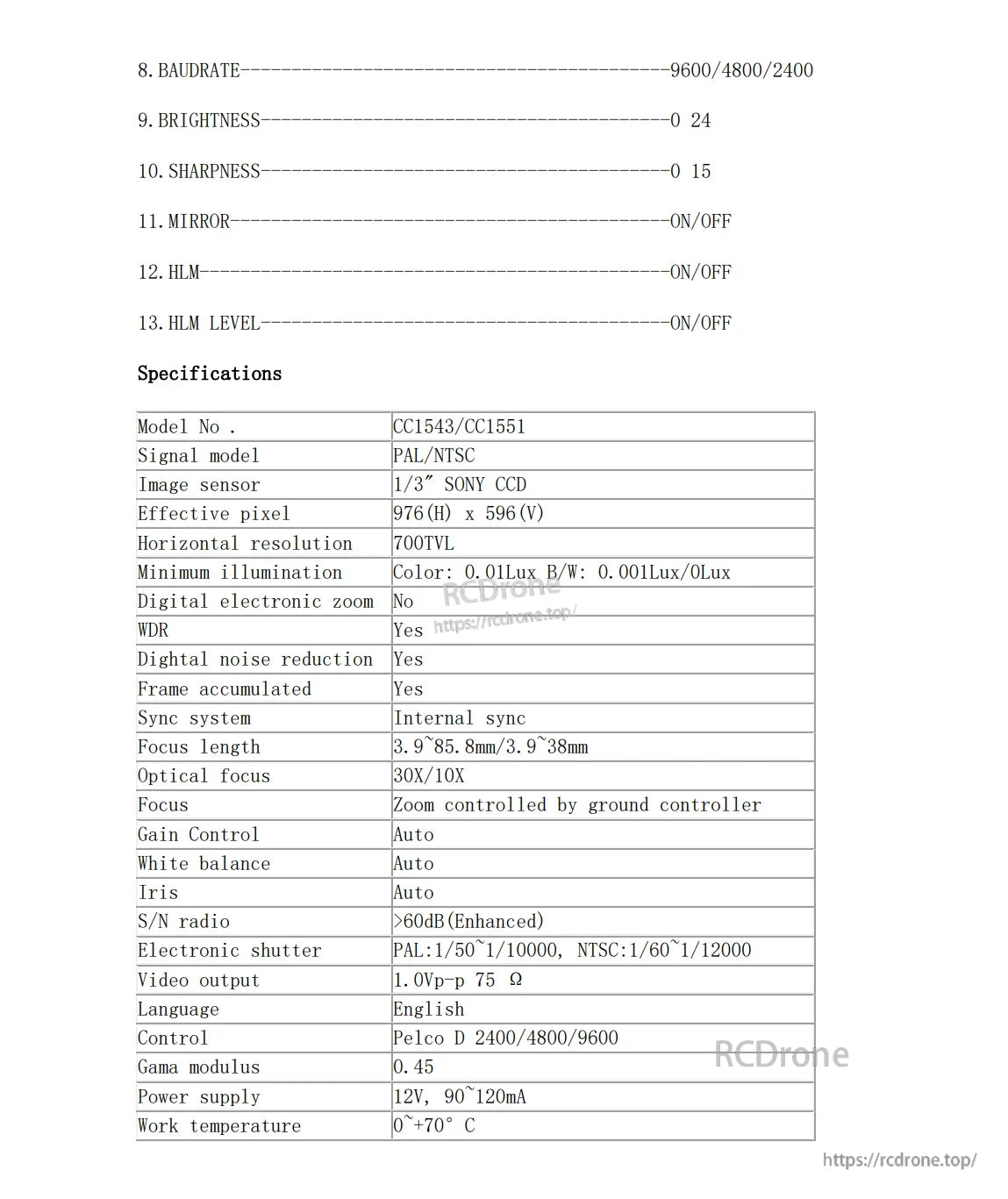 Foxeer 30X Zoom 700TVL CMOS FPV Camera, The Foxeer 30X Zoom FPV camera features 700TVL resolution, Sony CCD, 3.9-85.8mm lens, autofocus, WDR, noise reduction, and operates at 12V in temperatures from -0°C to +70°C.
