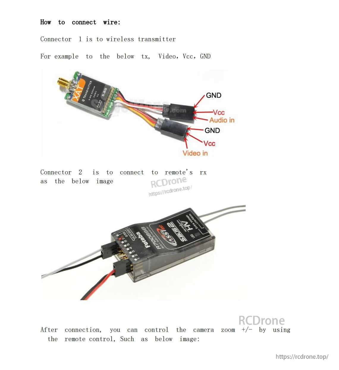 Foxeer 30X Zoom 700TVL CMOS FPV Camera, The Foxeer 30X Zoom FPV camera connects to a wireless transmitter and receiver via two connectors. Proper wiring allows remote zoom control.