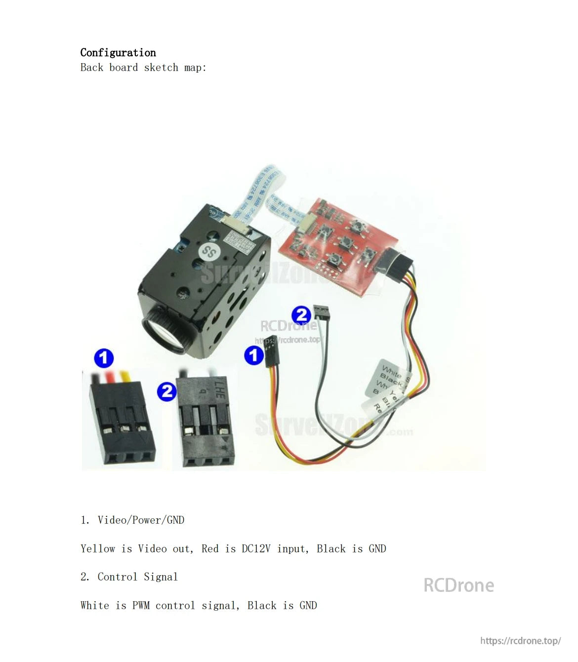 Foxeer 30X Zoom 700TVL CMOS FPV camera with video/power and control signal wiring setup.