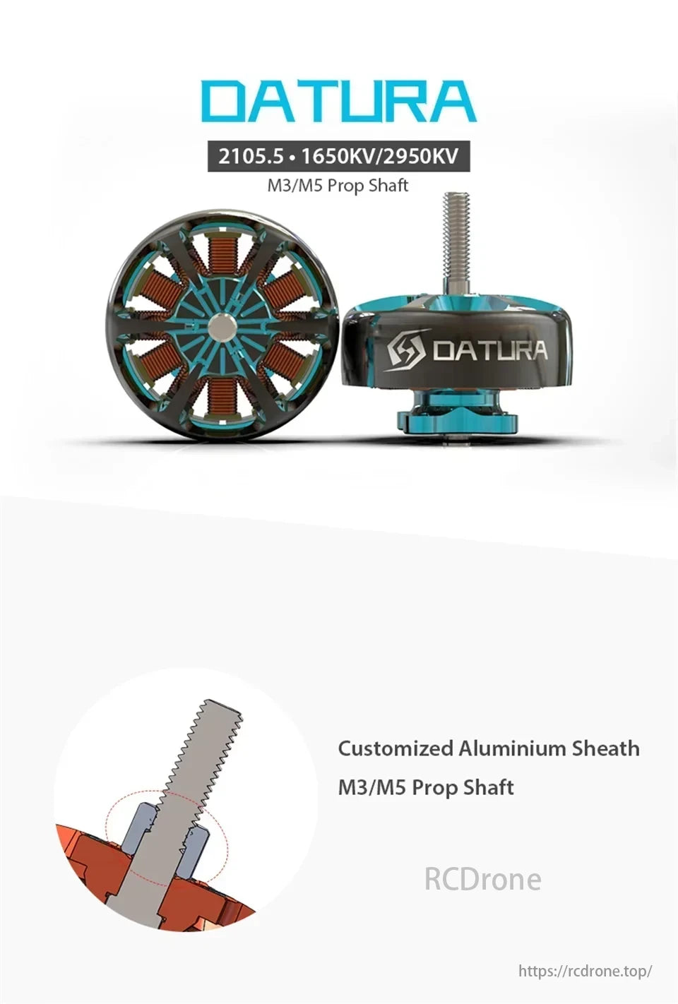 Foxeer Datura 2105.5 motor with 1650KV/2950KV options, featuring M3/M5 prop shaft and customized aluminum sheath for enhanced performance and durability.