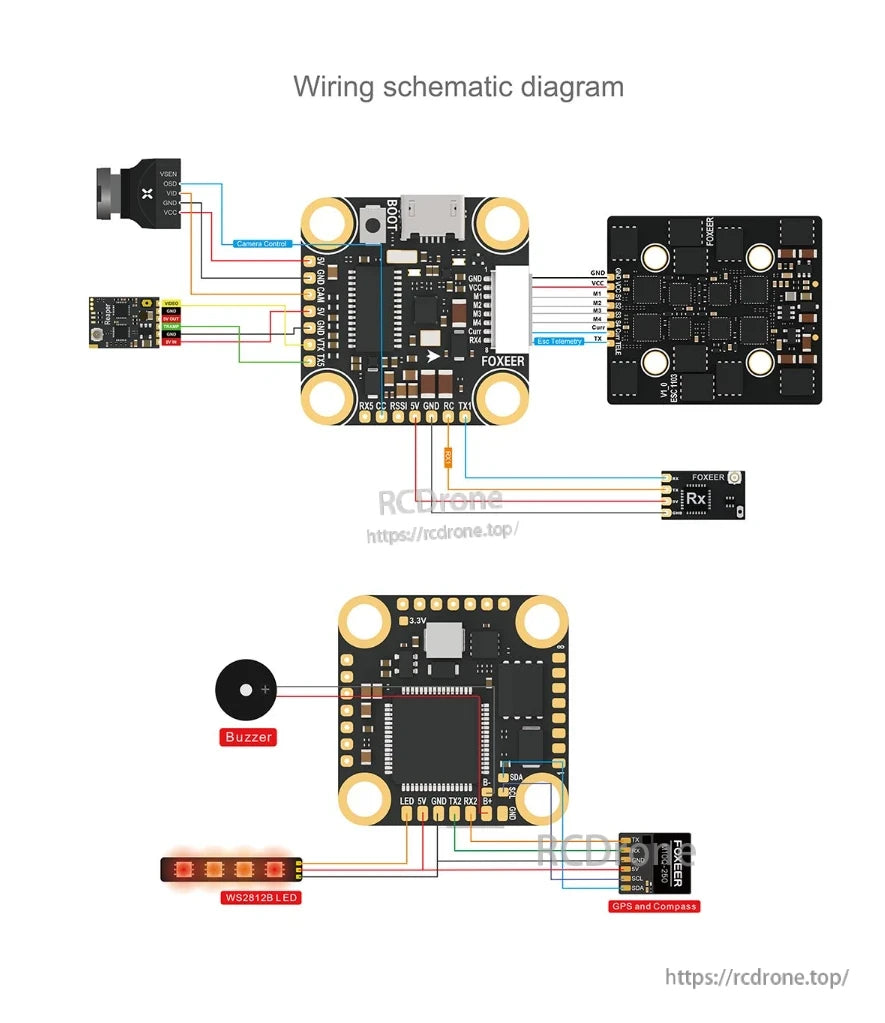 Foxeer F722 Mini V4 flight controller wiring diagram includes connections for camera, GPS, compass, LED, buzzer, and receiver.