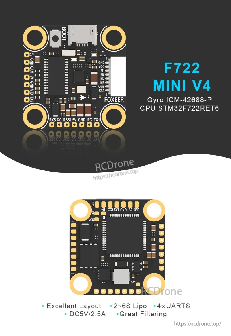 The Foxeer F722 Mini V4 flight controller features an ICM-42688-P gyro, STM32F722RET6 CPU, supports 2–6S LiPo, has 4 UARTs, 5V/2.5A output, and provides great layout and filtering.