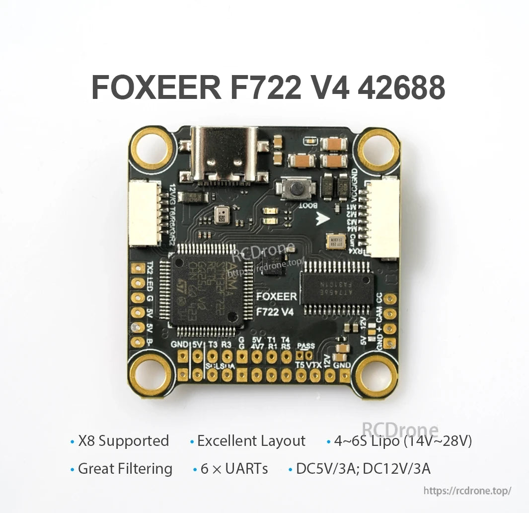 Foxeer F722 V4 Flight Controller, The FOXEEER F722 V4 flight controller supports X8, has clean layout, strong filtering, 6 UARTs, 4-6S LiPo compatibility, compact design, ARM Cortex-M7, AT7456E chip, gold-plated pads, and is ideal for high-performance drones with stable control and efficient power needs.