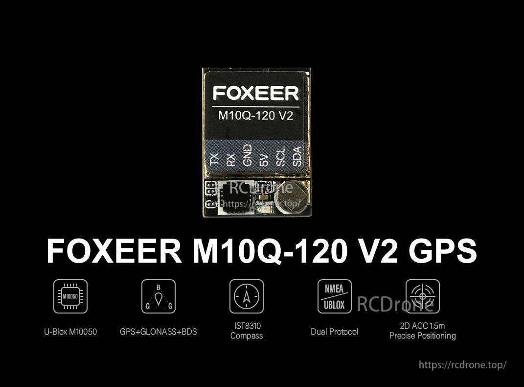 The Foxeer M10Q-120 V2 GPS offers precise 1.5m 2D accuracy with support for GPS, GLONASS, and BDS, featuring an IST8310 compass and dual NMEA/UBLOX protocols.