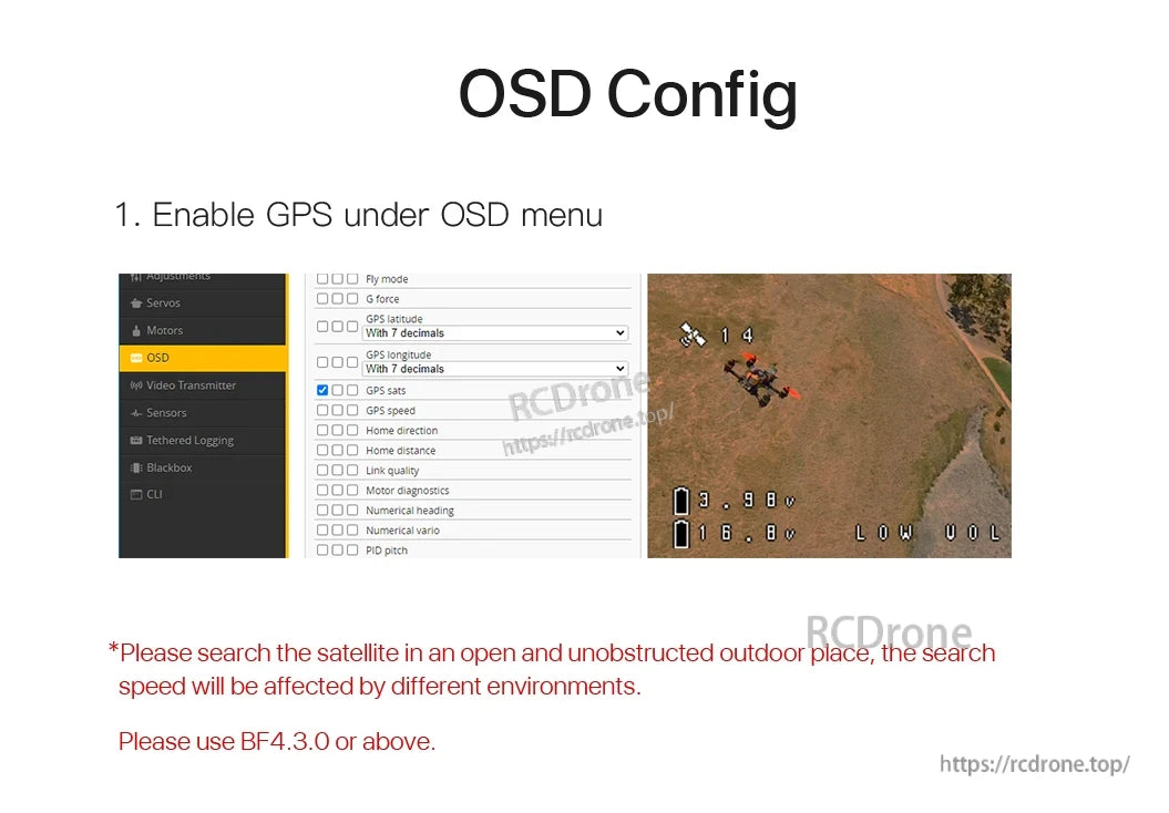 Foxeer M10Q-120 V2 GPS, Enable GPS in OSD menu, select options, search satellites outdoors, use firmware BF4.3.0+.