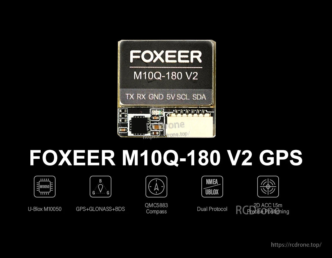 The Foxeer M10Q-180 V2 GPS offers precise positioning with 1.5m 2D accuracy, supporting GPS, GLONASS, and BDS, featuring a QMC5883 compass and dual NMEA/UBLOX protocols.