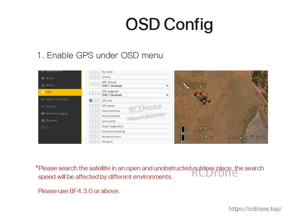 Foxeer M10Q-180 V2 GPS, Enable GPS in OSD, select GPS stats, ensure outdoor satellite search, use BF4.3.0+, display voltage, GPS data, and drone position.