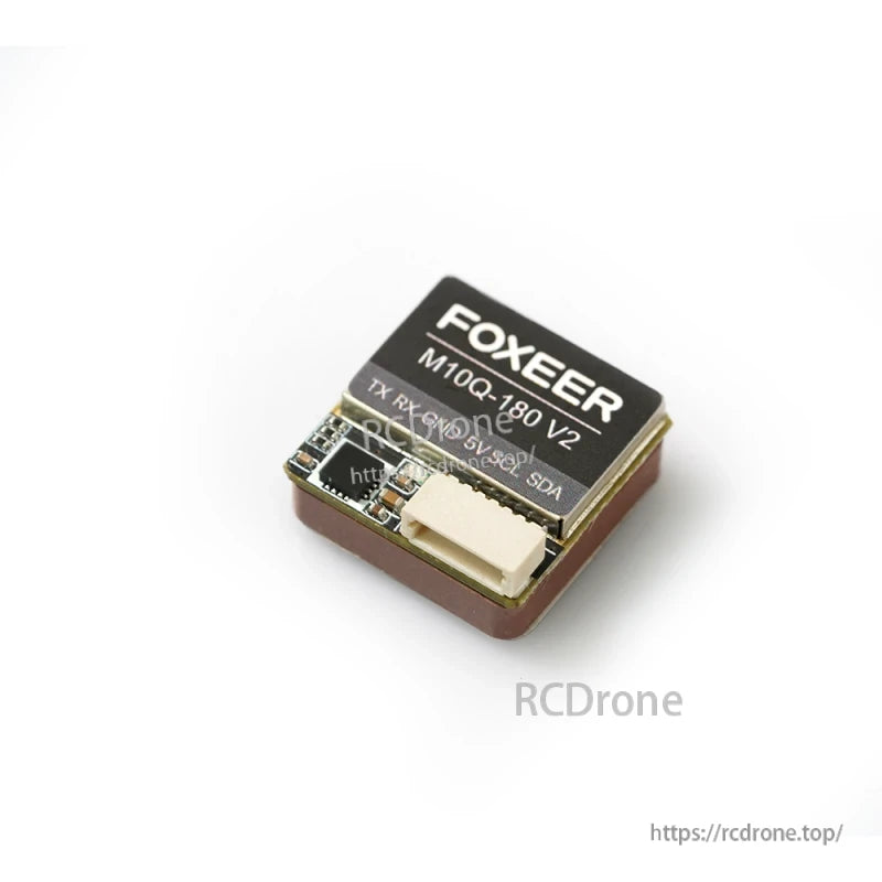Foxeer M10Q-180 V2 GPS module features U-Blox M10050, dual protocol, IST8310 compass, 72 channels, and 1.5m precision.