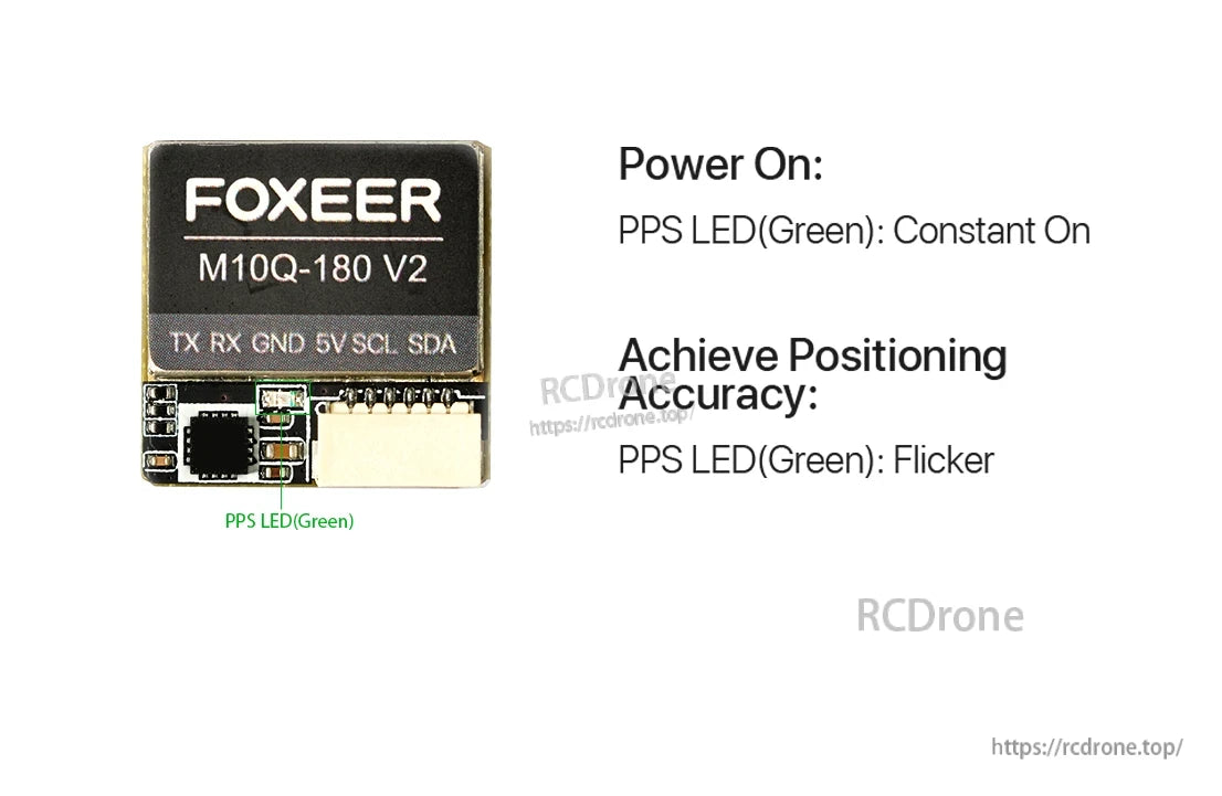 Foxeer M10Q-180 V2 GPS module: Green PPS LED indicates power and positioning accuracy.