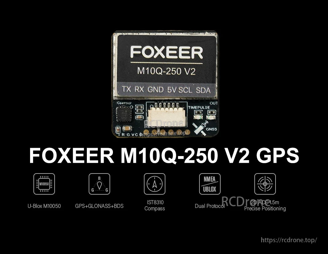 The Foxeer M10Q-250 V2 GPS module offers high accuracy, multi-satellite support, and reliable navigation with various connectivity options.