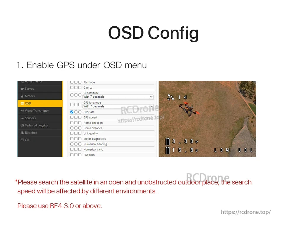 Foxeer M10Q-250 V2 GPS, Enable GPS in OSD, select options, search for satellites outdoors, use firmware BF4.3.0+.