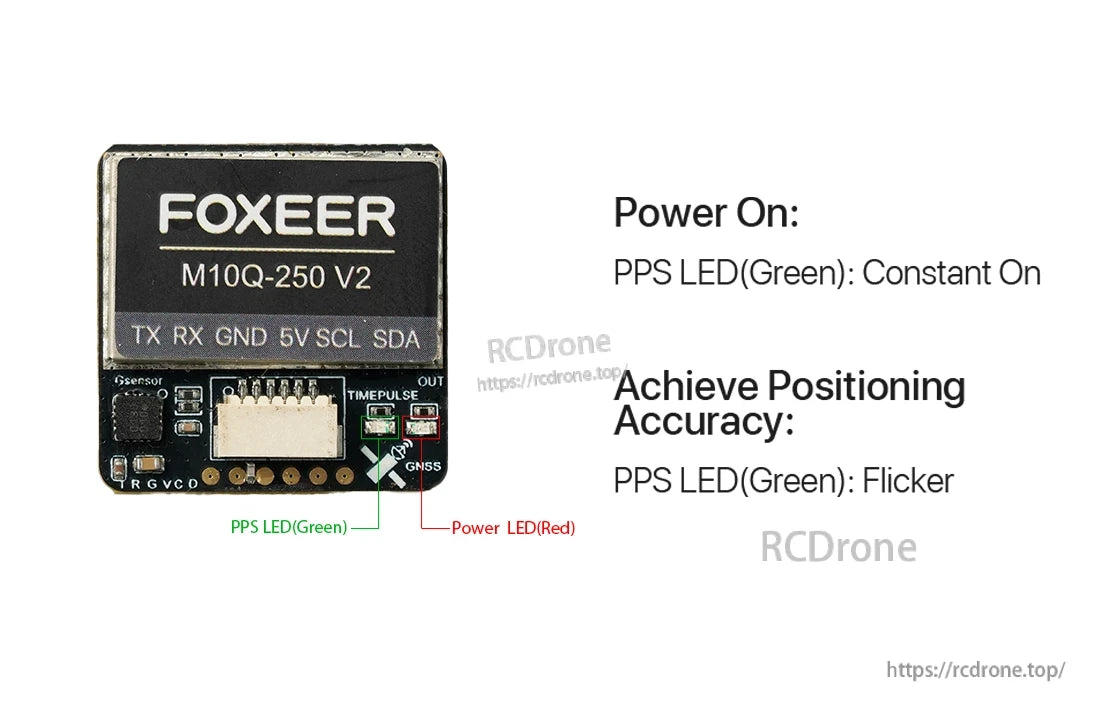 Foxeer M10Q-250 V2 GPS module: green LED indicates power/accuracy, red LED shows operation; includes TX, RX, GND, 5V, SCL, SDA pins.