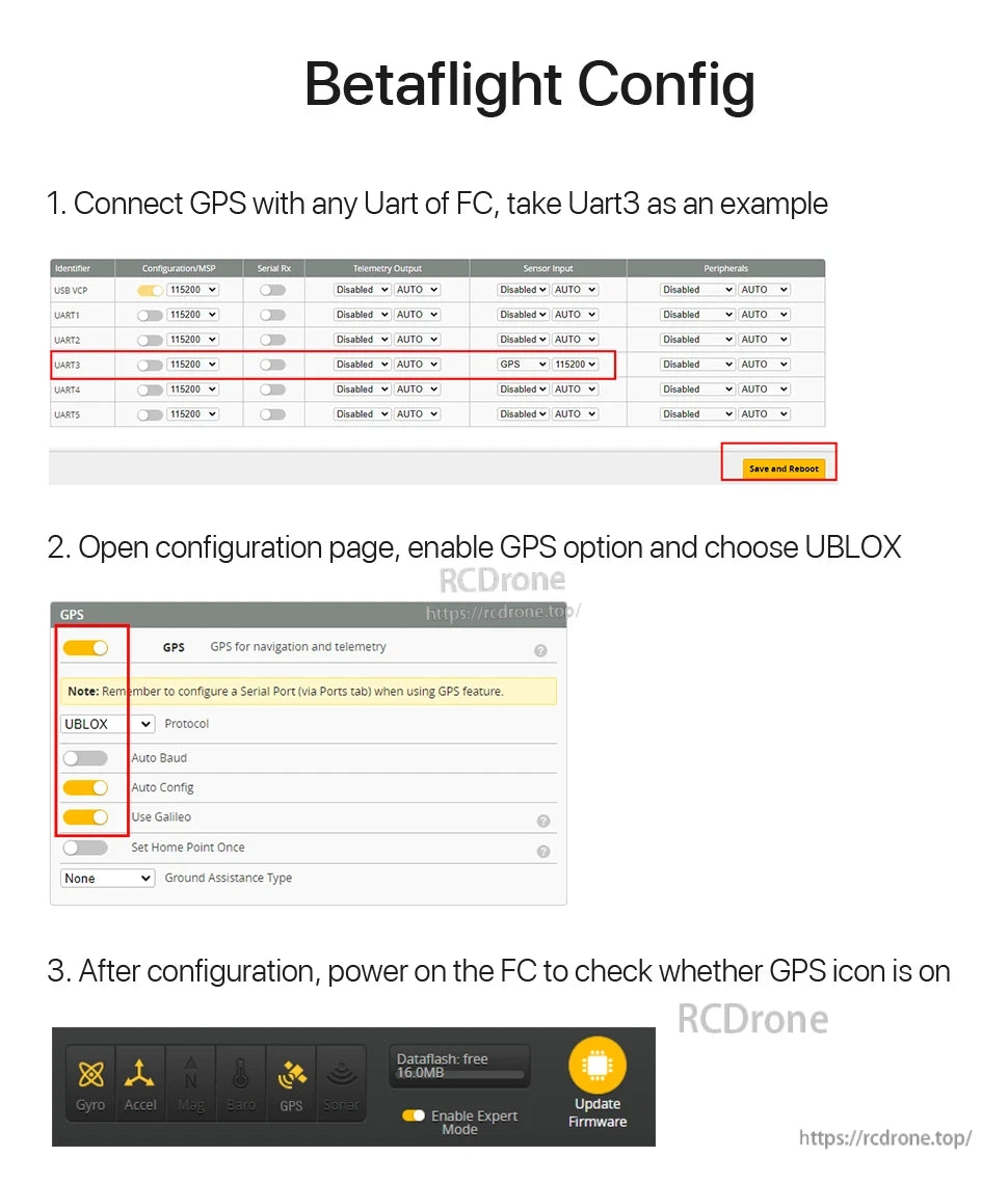 Foxeer M10Q-250 V2 GPS, Configure GPS on Betaflight via UART, enable UBLOX, set baud rate, check GPS icon post-reboot, and confirm serial port setup for GPS.