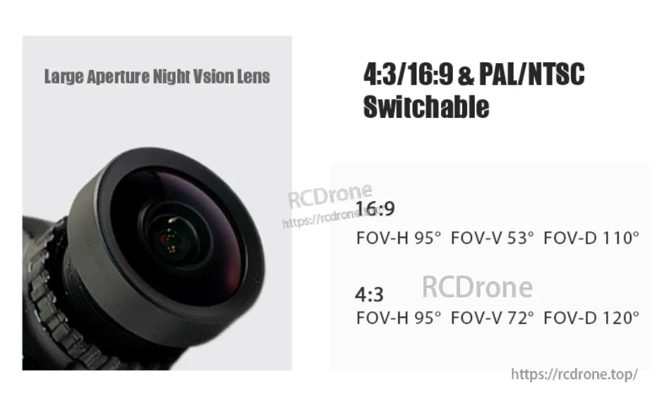 Foxeer Micro Cat 4 1200TVL Starlight FPV Camera, Large aperture night vision lens with 4:3/16:9 and PAL/NTSC switching. FOV: H 95°, V 53°/72°, D 110°/120° for different aspect ratios.