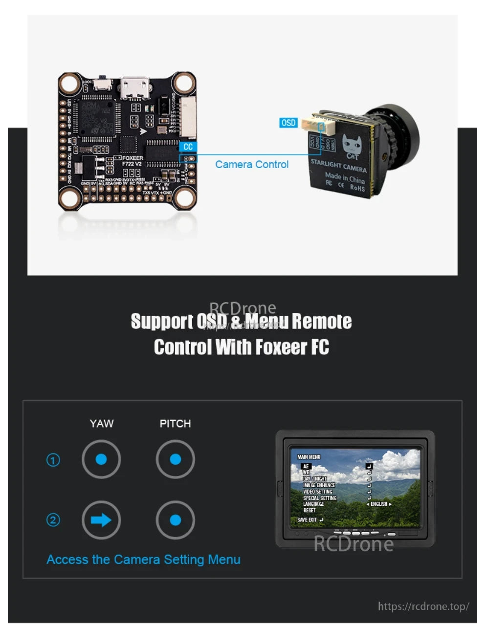 Foxeer Micro Cat 4 1200TVL Starlight FPV Camera, The Foxeer Micro Cat 4 FPV camera offers 1200TVL resolution, OSD, remote control via Foxeer FC, and adjustable settings including AE, WB, and video parameters through yaw/pitch inputs.