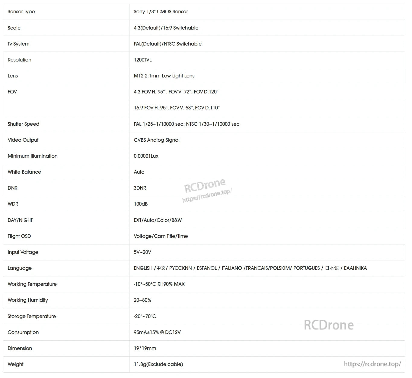 Foxeer Micro Cat 4 1200TVL Starlight FPV Camera, Foxeer Micro Cat 4 features a Sony 1/3" CMOS sensor, 1200TVL resolution, 2.1mm lens, PAL/NTSC, low-light performance, 3DNR, WDR, auto white balance, wide temperature range, and efficient power consumption.