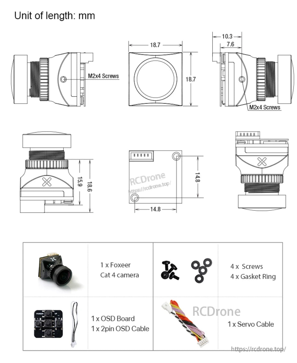 Foxeer Micro Cat 4 1200TVL Starlight FPV camera includes M2x4 screws, OSD board, cable, servo cable, and gasket rings.