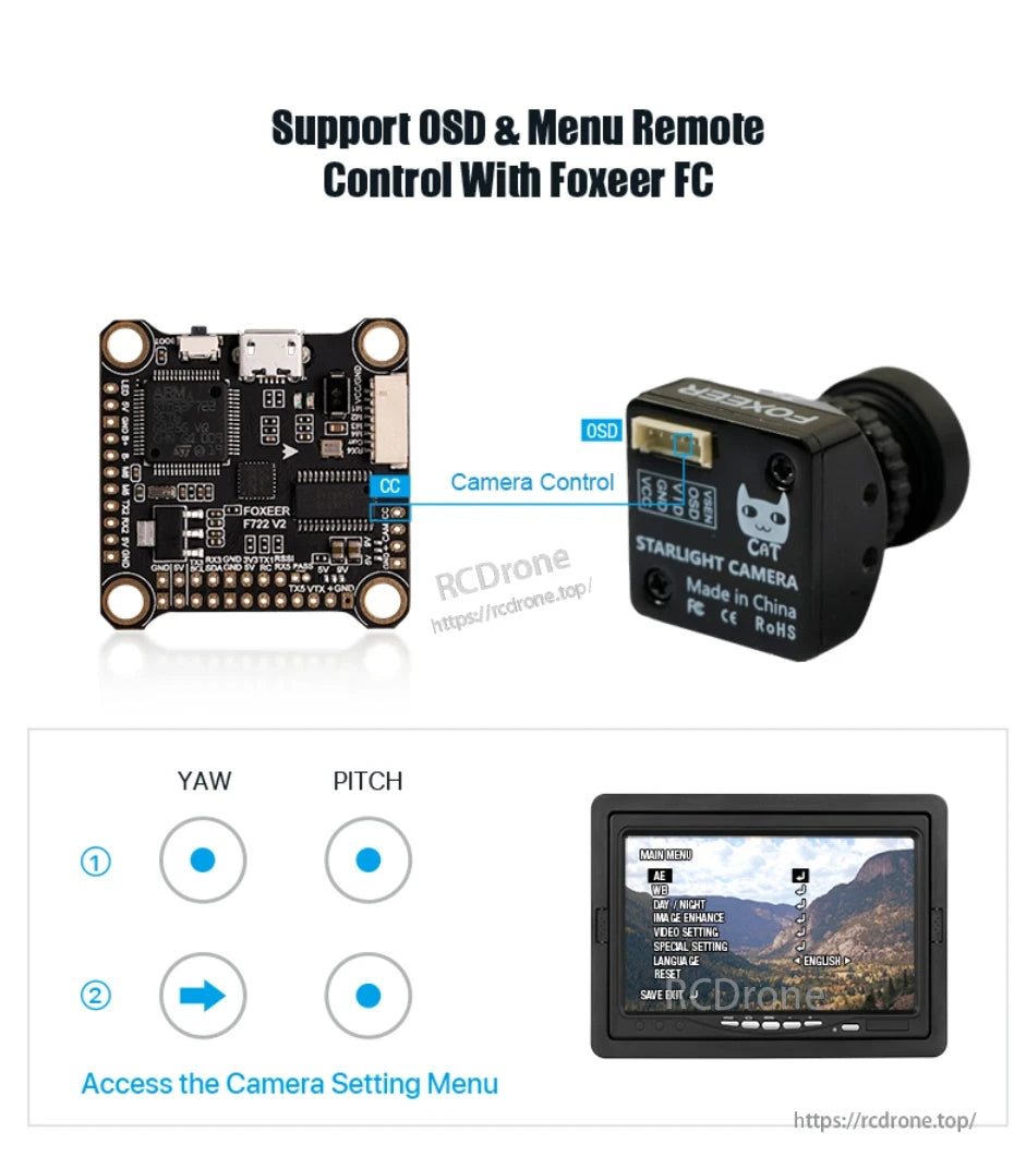 Foxeer Mini Cat 4 1200TVL Starlight FPV Camera, The Foxeer Mini Cat 4 FPV camera features OSD, remote control, compact design, CE/RoHS compliance, and adjustable settings via YAW/PITCH controls.