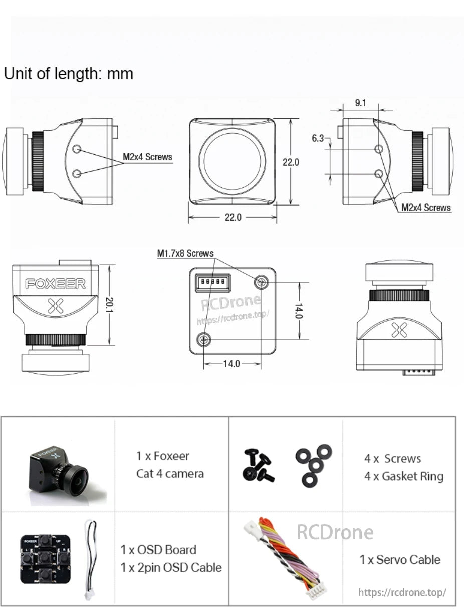 The Foxeer Mini Cat 4 1200TVL Starlight FPV Camera includes dimensions, screws, gasket rings, OSD board, cable, and servo cable.