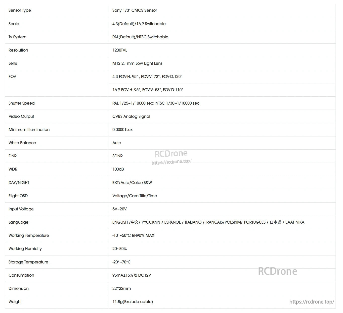 Foxeer Mini Cat 4 1200TVL Starlight FPV Camera, The Foxeer Mini Cat 4 features a Sony sensor, 1200TVL resolution, 2.1mm lens, low-light performance, WDR, 3DNR, CVBS output, wide temperature range, and compact size.