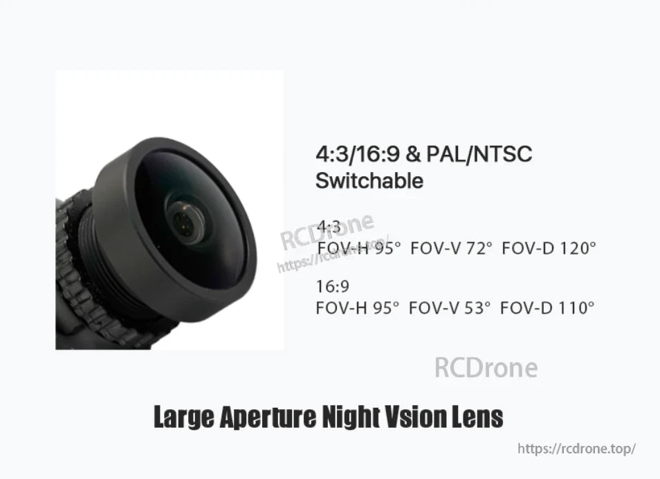 Foxeer Mini Cat 4 1200TVL Starlight FPV Camera, Large aperture night vision lens with 4:3/16:9 and PAL/NTSC switchable, providing wide fields of view: 95° horizontal, 72°/53° vertical, 120°/110° diagonal.