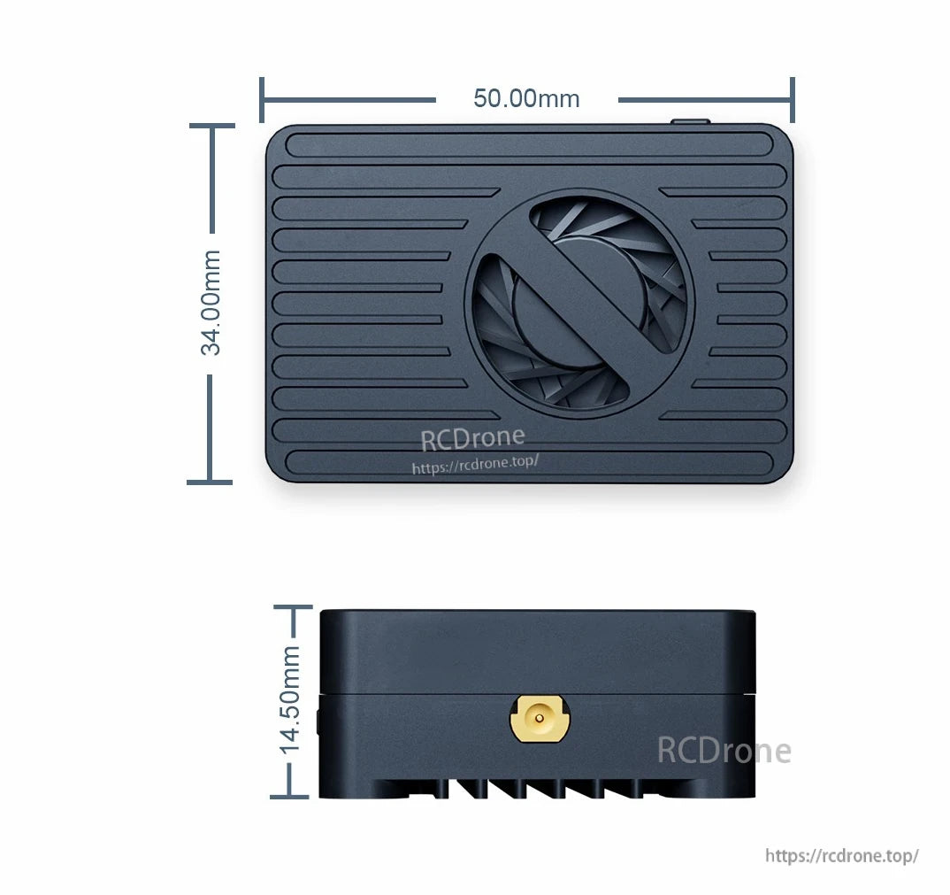 Foxeer Reaper 3.3G 4W 40CH VTx, Compact and lightweight device with dimensions 50x34x14.5mm and weight 29.8g for easy integration.