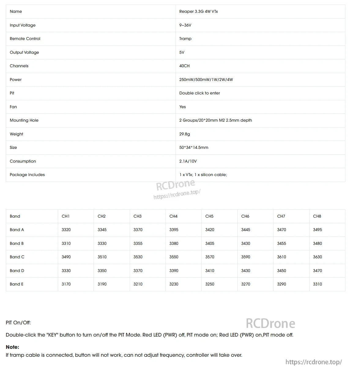 Foxeer Reaper 3.3G 4W 40CH VTx, Foxeer Reaper 3.3G 4W VTx features 9-36V input, 5V output, 40 channels, 250mW–4W power, fan, M2 mounts, PIT mode, LED status, Tramp cable disable.