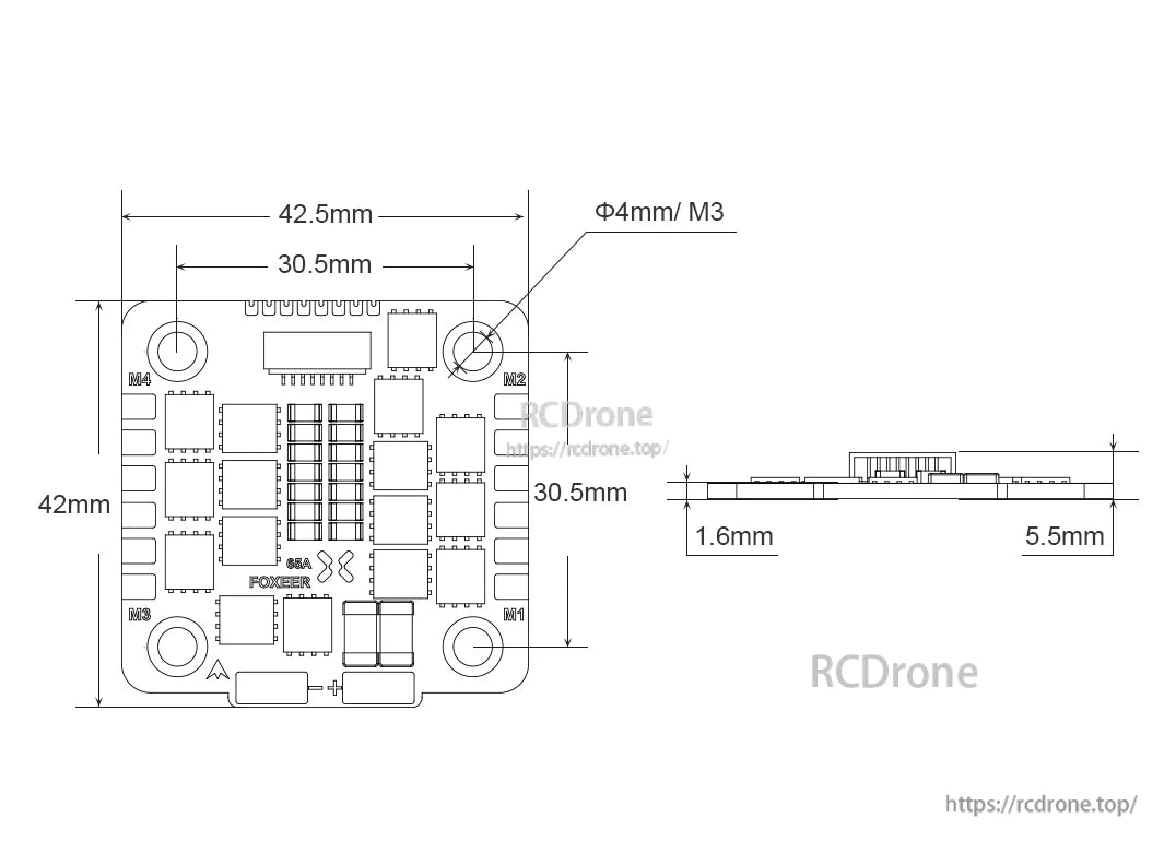Foxeer Reaper F4 128K 65A BLHeli32 4in1 ESC, 42x42.5mm, 5.5mm thick, M3 mounting holes.