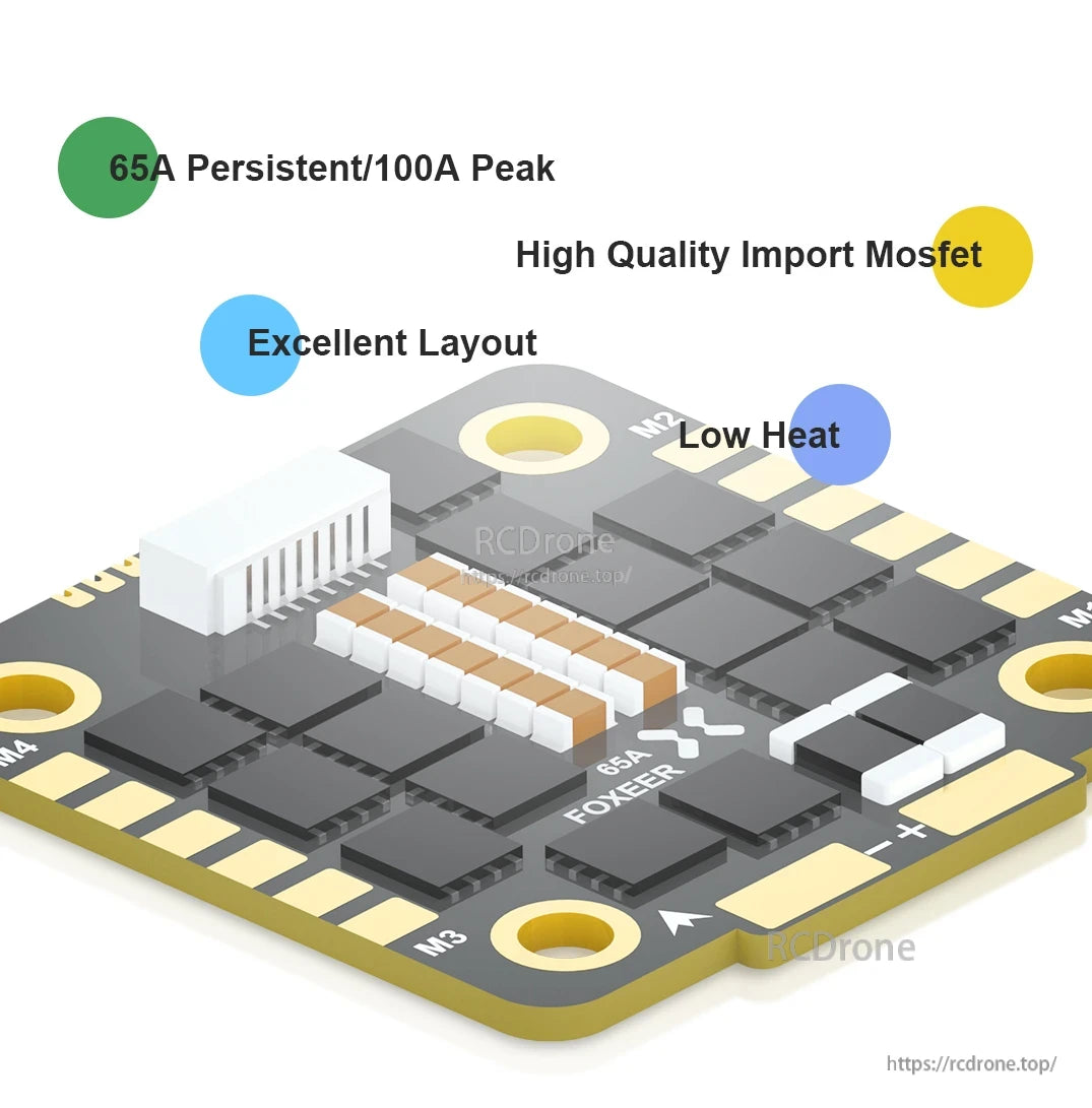 Foxeer Reaper F4 128K 65A BLHeli32 4in1 ESC, High-quality MOSFET with excellent layout, low heat, and persistent/peak ratings of 65A/100A.