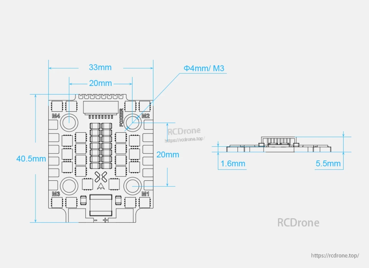 Foxeer Reaper F4 Mini 45A 128K BLHeli_32 4in1 ESC: 33x40.5mm, 1.6mm thick, Φ4mm/M3 mounting holes, 5.5mm height.