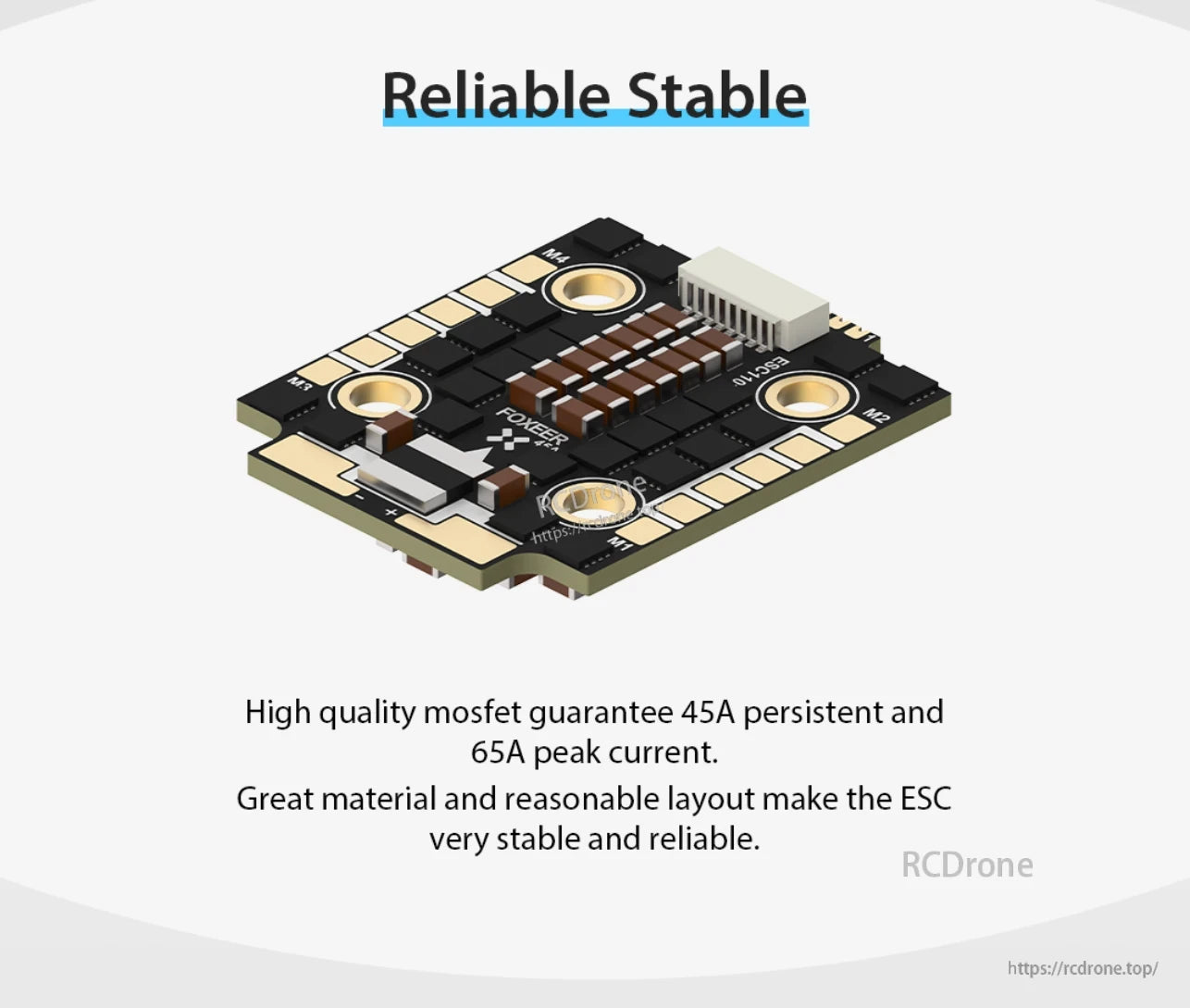 Foxeer Reaper F4 Mini 45A 128K BLHeli_32 4in1 ESC, The Foxeer 45A ESC delivers reliable performance with high-quality MOSFET, 65A peak current, and a durable design.