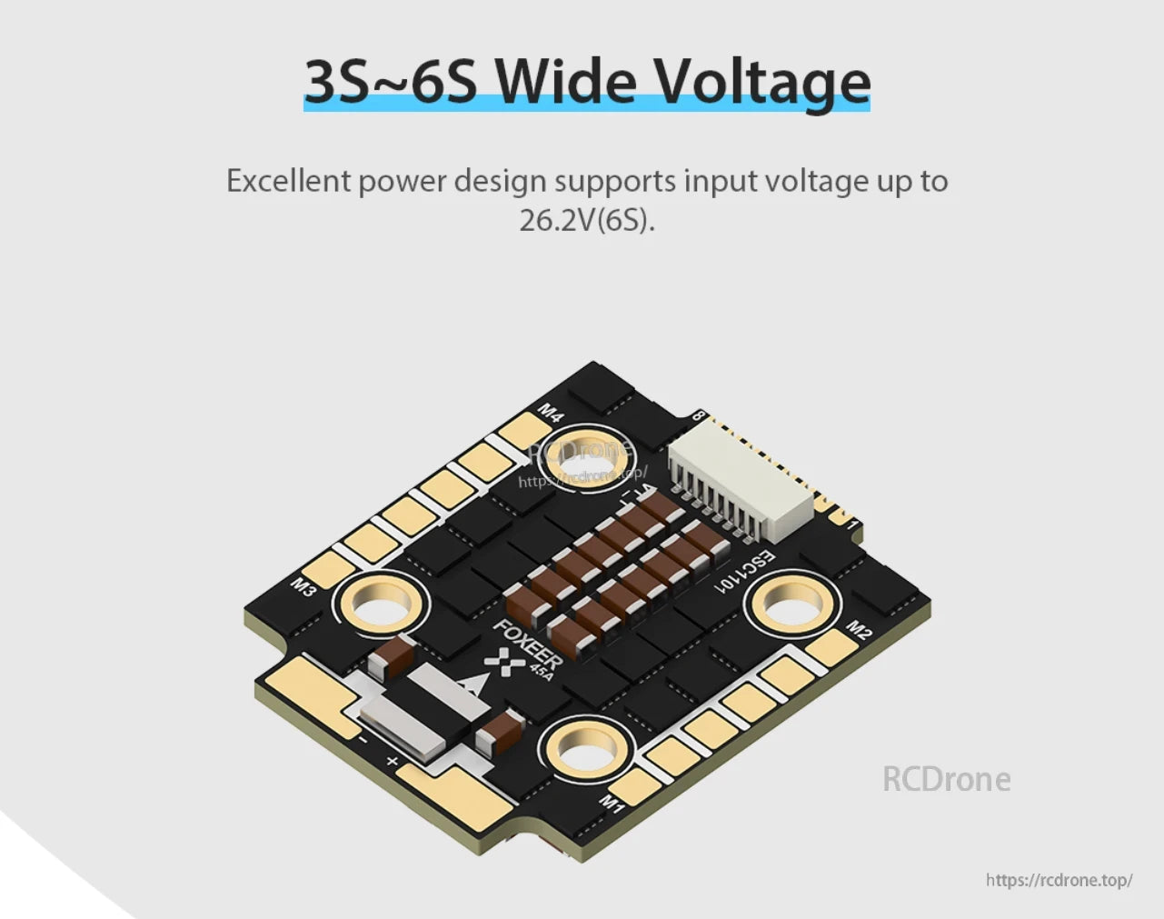 Foxeer Reaper F4 Mini 45A 128K BLHeli_32 4in1 ESC, Foxeer 4in1 ESC supports 3S-6S, 45A, BLHeli_32, wide voltage range.