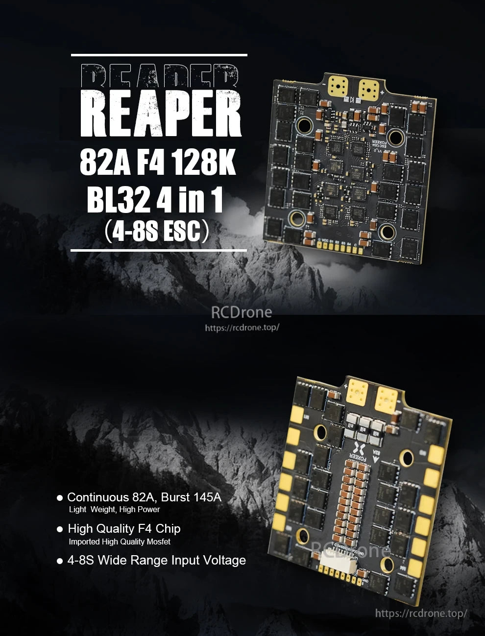 Foxeer Reaper V2 F4 Drone, Foxeer Reaper 82A F4 ESC: lightweight, high-power, 82A continuous, 145A burst, F4 chip, 4-8S voltage, durable.