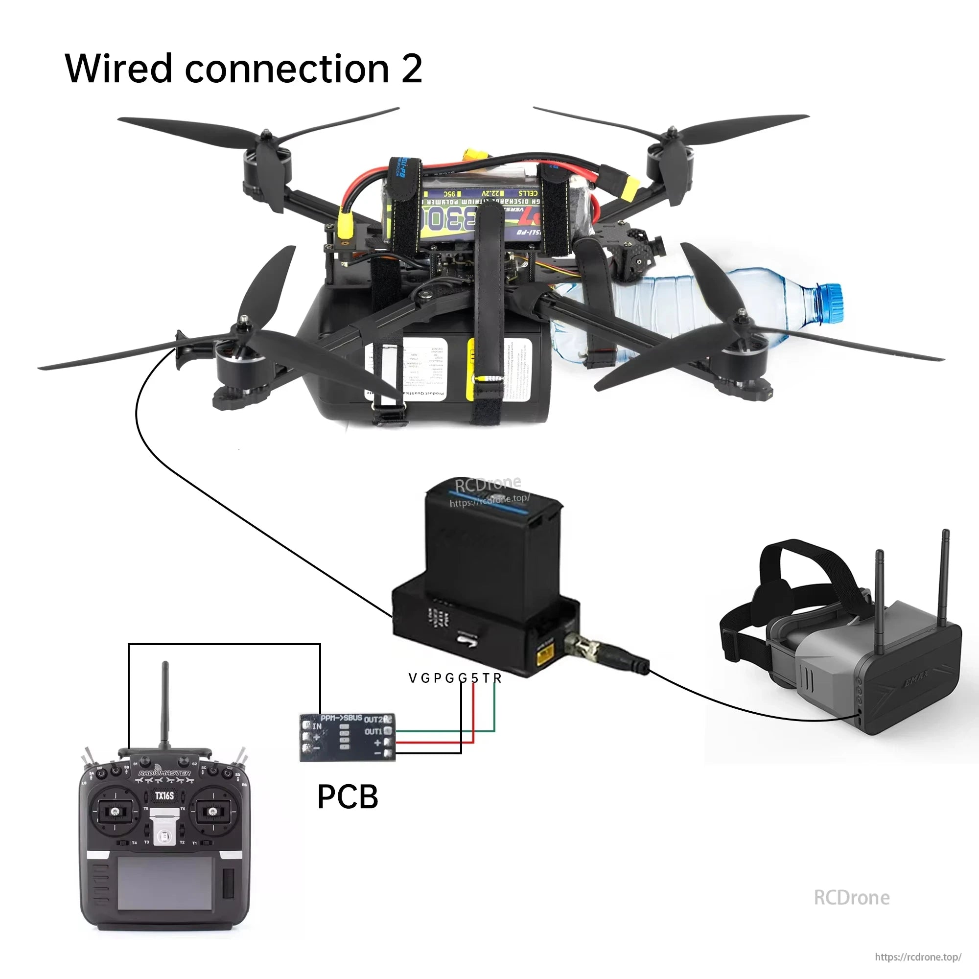 FpvOpticalRelay, FPV drone setup features remote controller, PCB, battery, VR headset, labeled VGP G5TR and TX16S, with visible wiring and mounted battery for wired power connection.