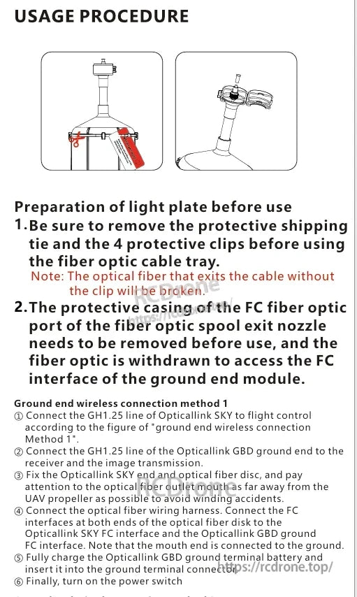 FpvOpticalRelay, Remove clips and casing, connect Opticalink SKY and GBD, secure fiber disc, connect harness, charge battery, then power on.