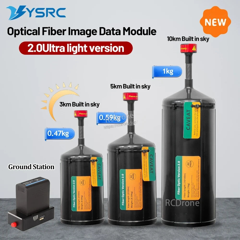 FpvOpticalRelay, YSRC Optical Fiber Image Data Module 2.0 ultra-light version offers 3km, 5km, and 10km sky models weighing 0.47kg, 0.59kg, and 1kg; includes ground station.