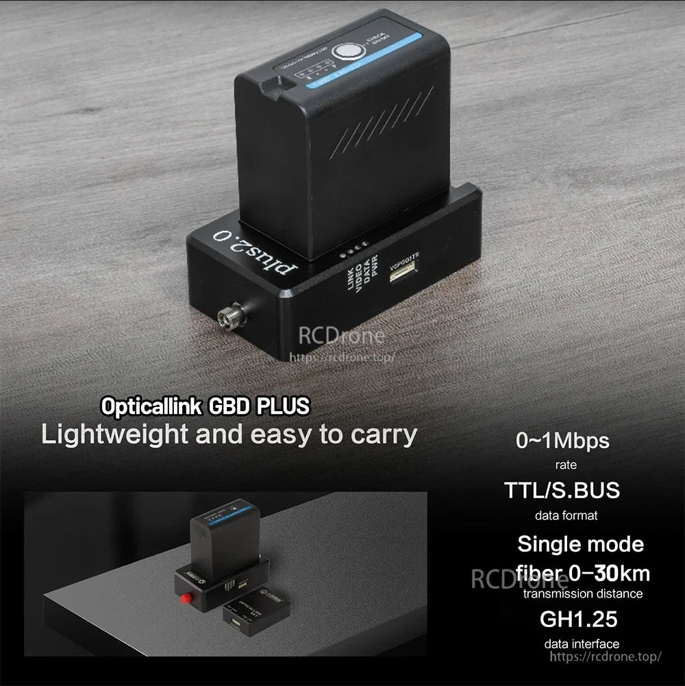 FpvOpticalRelay, Opticallink GBD PLUS: lightweight, 0-1Mbps, TTL/S.BUS, single-mode fiber, 0-30km range, GH1.25 interface.