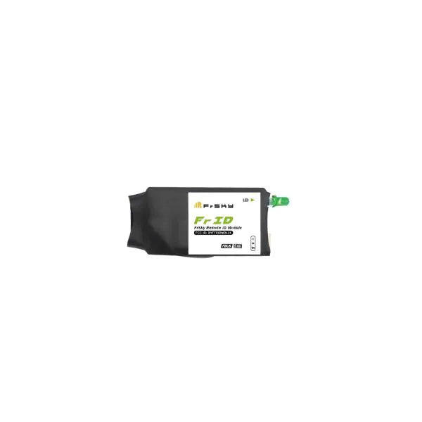 FrSky FrID RemoteID module with GPS, heatshrink-wrapped unit with green connector, side view