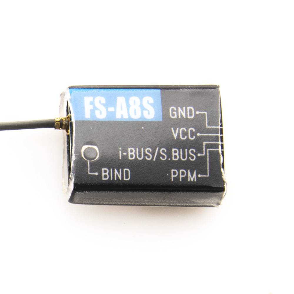FlySky FS-A8S V2 mini receiver close-up showing BIND pad and GND/VCC/i-BUS S.BUS/PPM pinout