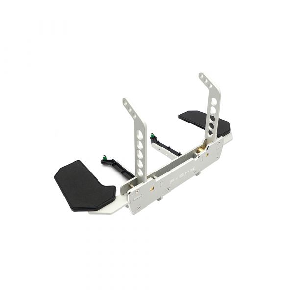 FrSky CNC metal transmitter tray with adjustable brackets and padded hand rests, silver and black