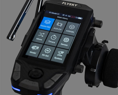 Transmitter IPS display main menu screen with icons for basics, AUX CH, mixes, timers, sensor