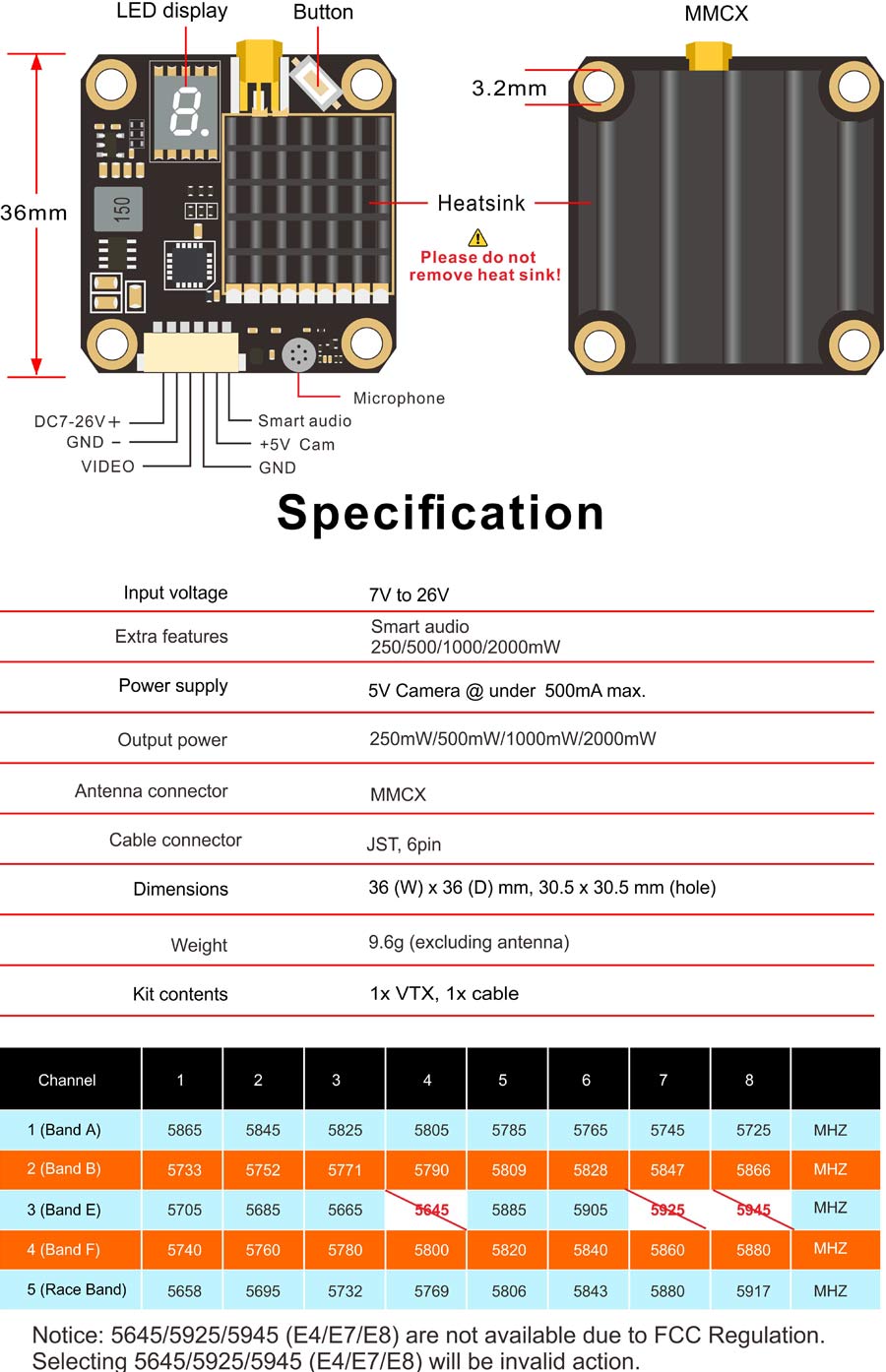 AKK FX2-Dominator 2000mW 5.8G VTX - 250mW 500mW 1000mW 2000mW Power Switchable SMA Adapter FPV Video Transmitter 6 AKK FX2-Dominator 2000mW 5.8G VTX, LED display Button MMCX 3.2mm 36mm 8 heatsink Please do not