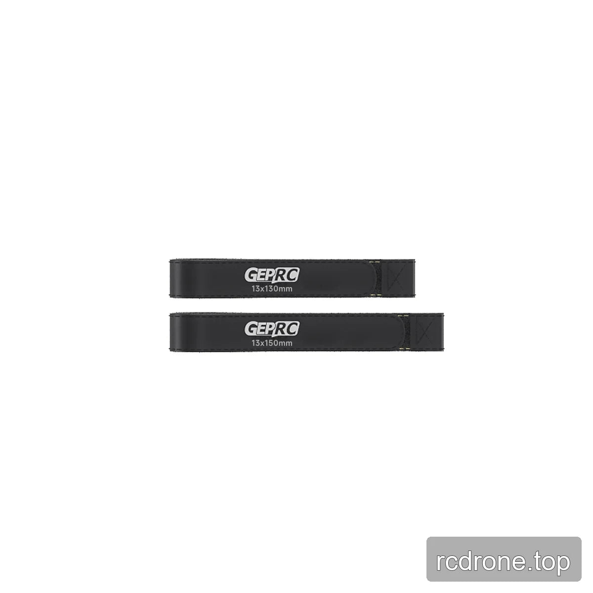 Two black GEPRC battery straps shown flat, labeled 13x130mm and 13x150mm on a white background.