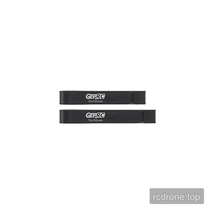 Two black GEPRC battery straps shown flat, labeled 13x130mm and 13x150mm on a white background.