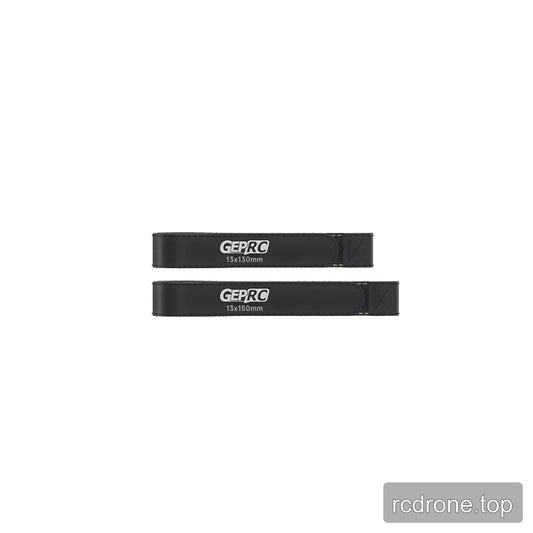 Two black GEPRC battery straps shown flat, labeled 13x130mm and 13x150mm on a white background.