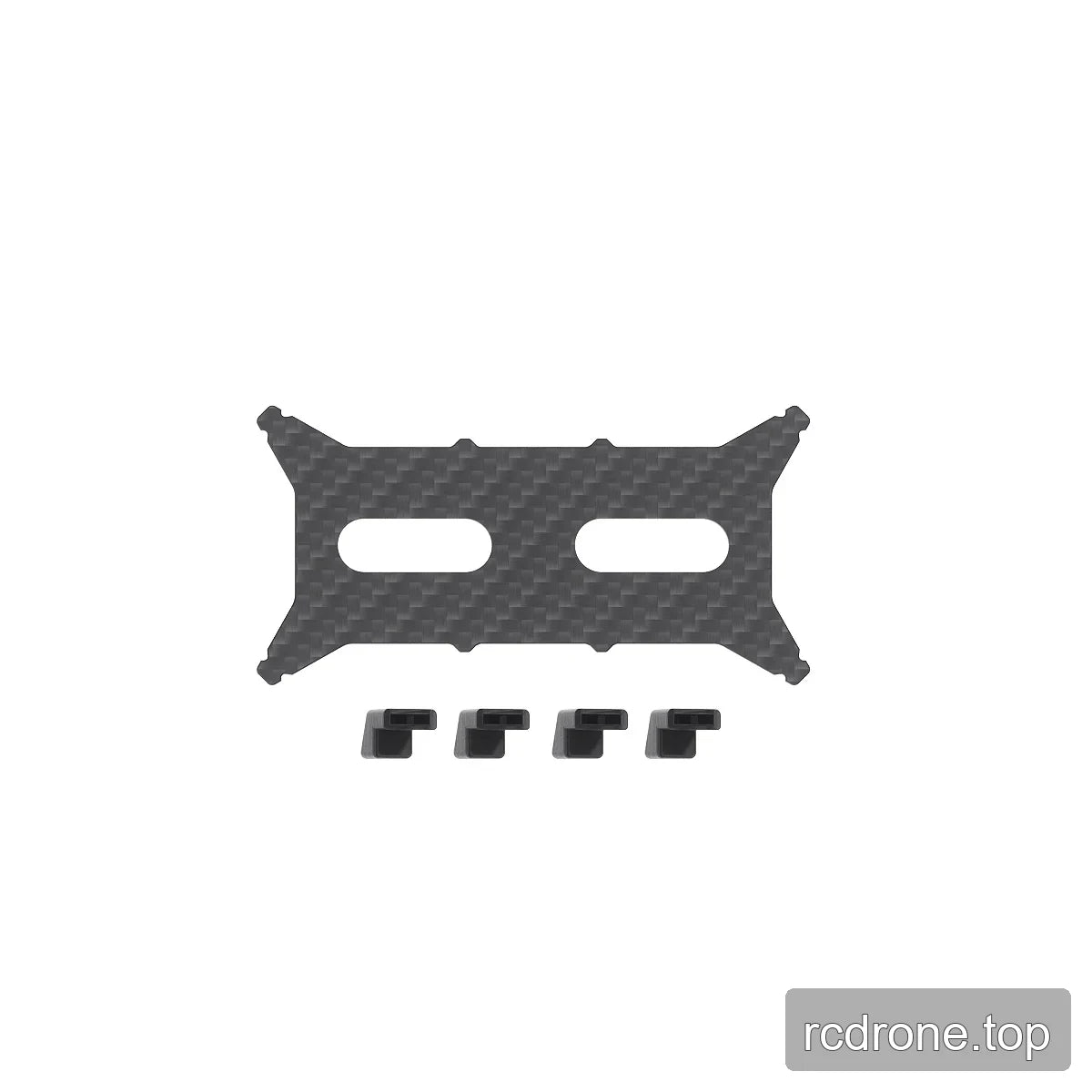 Carbon-fiber battery protection plate with two long slots, shown with four matching black landing pad pieces.