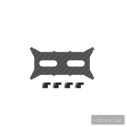 Carbon-fiber battery protection plate with two long slots, shown with four matching black landing pad pieces.