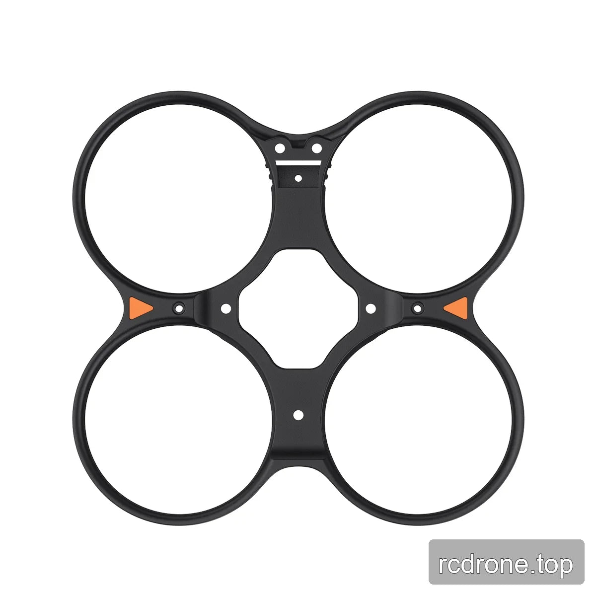 Black four-duct propeller guard with orange side accents and central mounting holes on white.