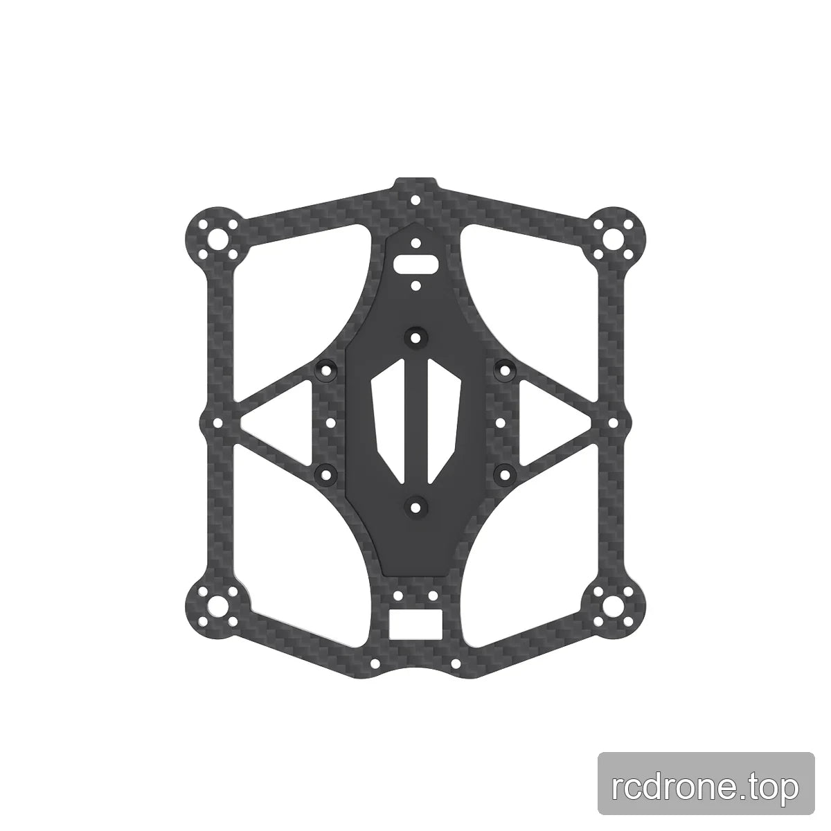 Carbon-fiber main plate with central black reinforcement panel and multiple mounting holes on white.